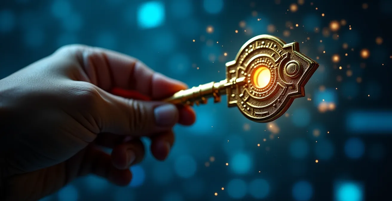 Main tenant une clé cryptographique dorée avec hologrammes de données sécurisées flottant autour