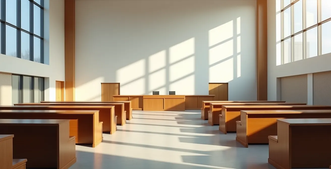 Salle d'audience moderne avec architecture épurée et lumière naturale traversant de grandes fenêtres