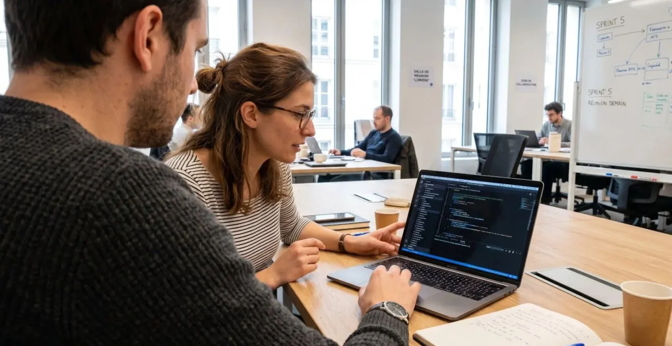 Deux professionnels de l'informatique assis côte à côte devant un ordinateur portable affichant un tableau de bord de sécurité réseau, dans un bureau lumineux moderne