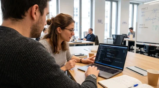Deux professionnels de l'informatique assis côte à côte devant un ordinateur portable affichant un tableau de bord de sécurité réseau, dans un bureau lumineux moderne