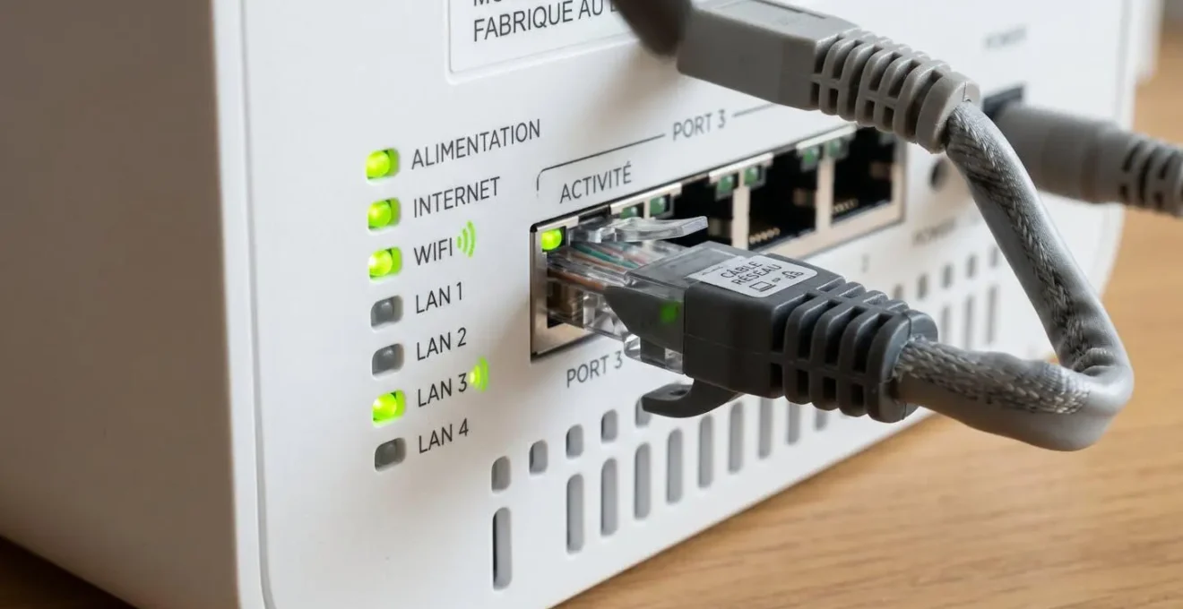 Vue rapprochée d'un routeur réseau moderne avec voyants LED allumés et câble Ethernet RJ45 branché, sur fond sombre flou