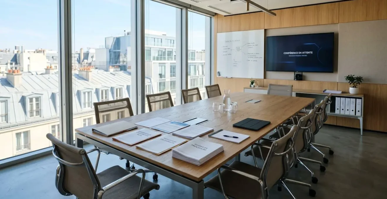 Salle de réunion contemporaine vide avec grande table en bois, documents posés sur la surface, baies vitrées lumineuses en arrière-plan