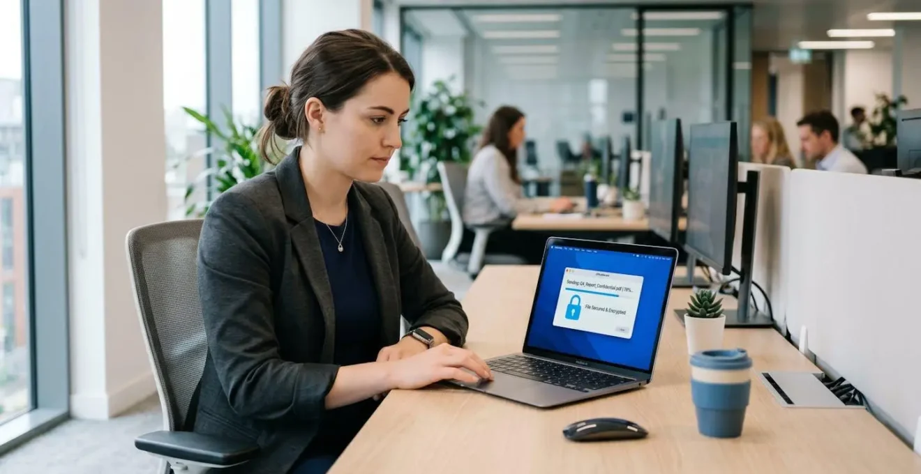 Professionnel en entreprise envoyant un document confidentiel depuis son ordinateur via une solution de transfert sécurisé