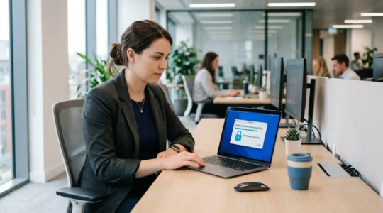 Professionnel en entreprise envoyant un document confidentiel depuis son ordinateur via une solution de transfert sécurisé